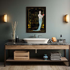 Bathroom with wooden vanity, white sink, and decorative poster on gray wall.