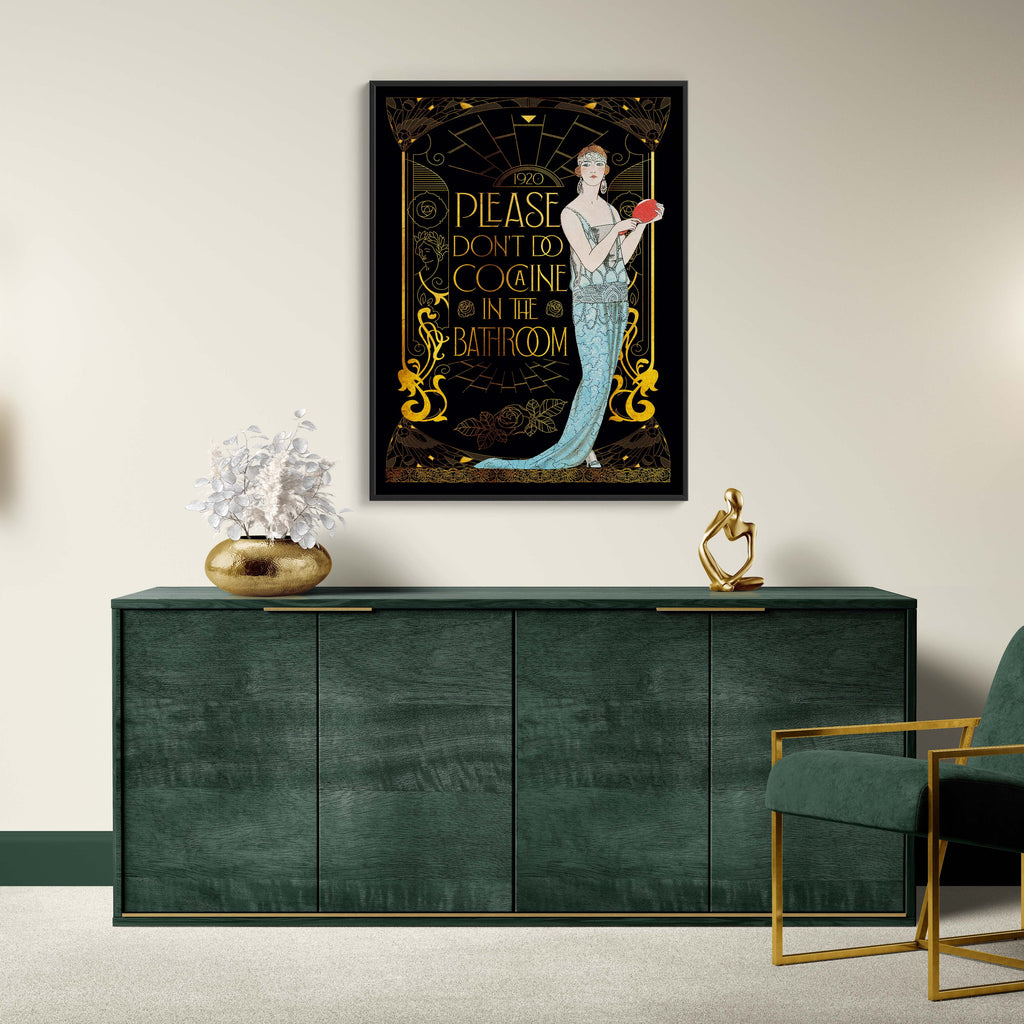 Modern interior with a green sideboard, gold chair, and wall art.
