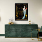 Modern interior with a green sideboard, gold chair, and wall art.