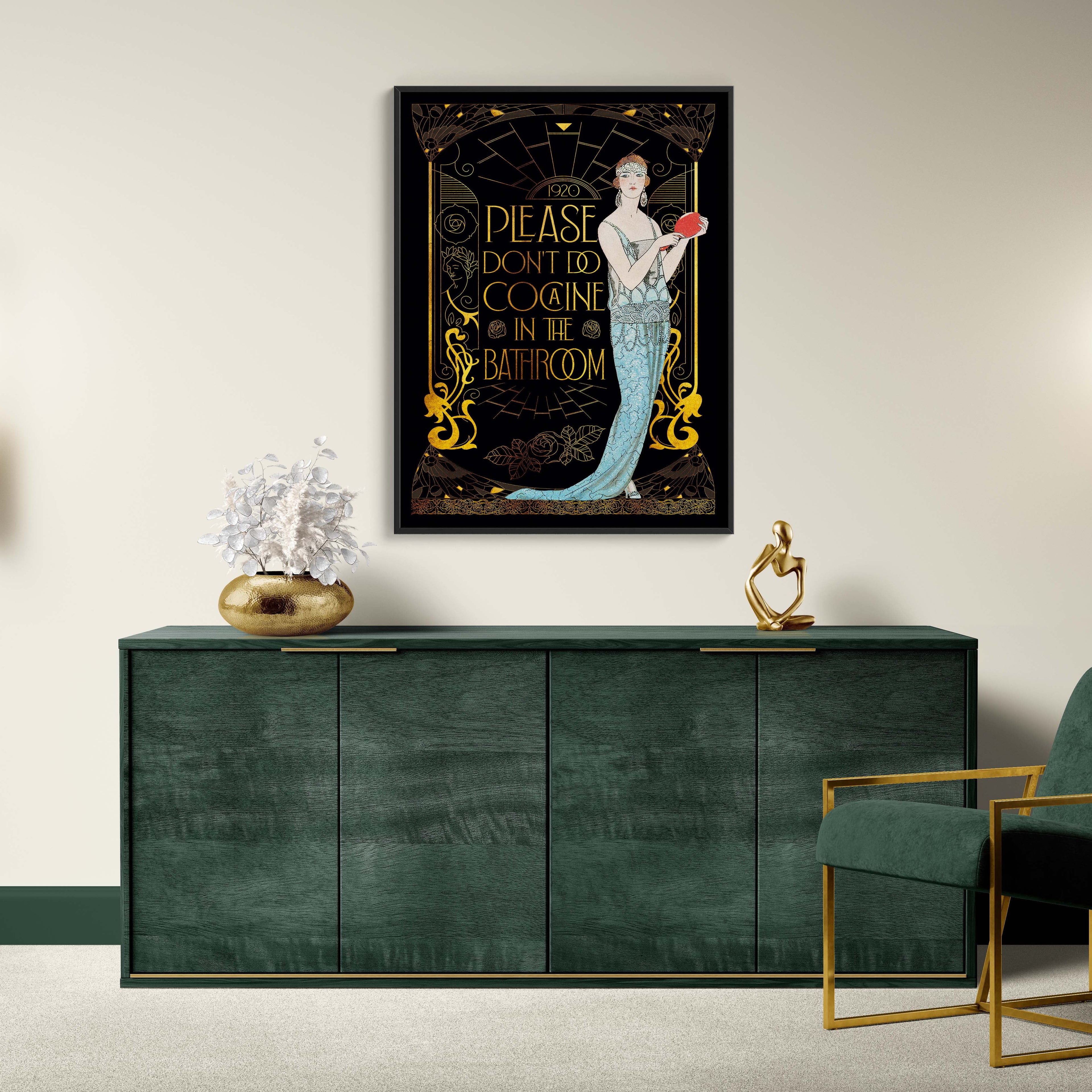 Modern interior with a green sideboard, gold chair, and wall art.