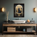 Bathroom with wooden vanity, white sink, and decorative poster on gray wall.