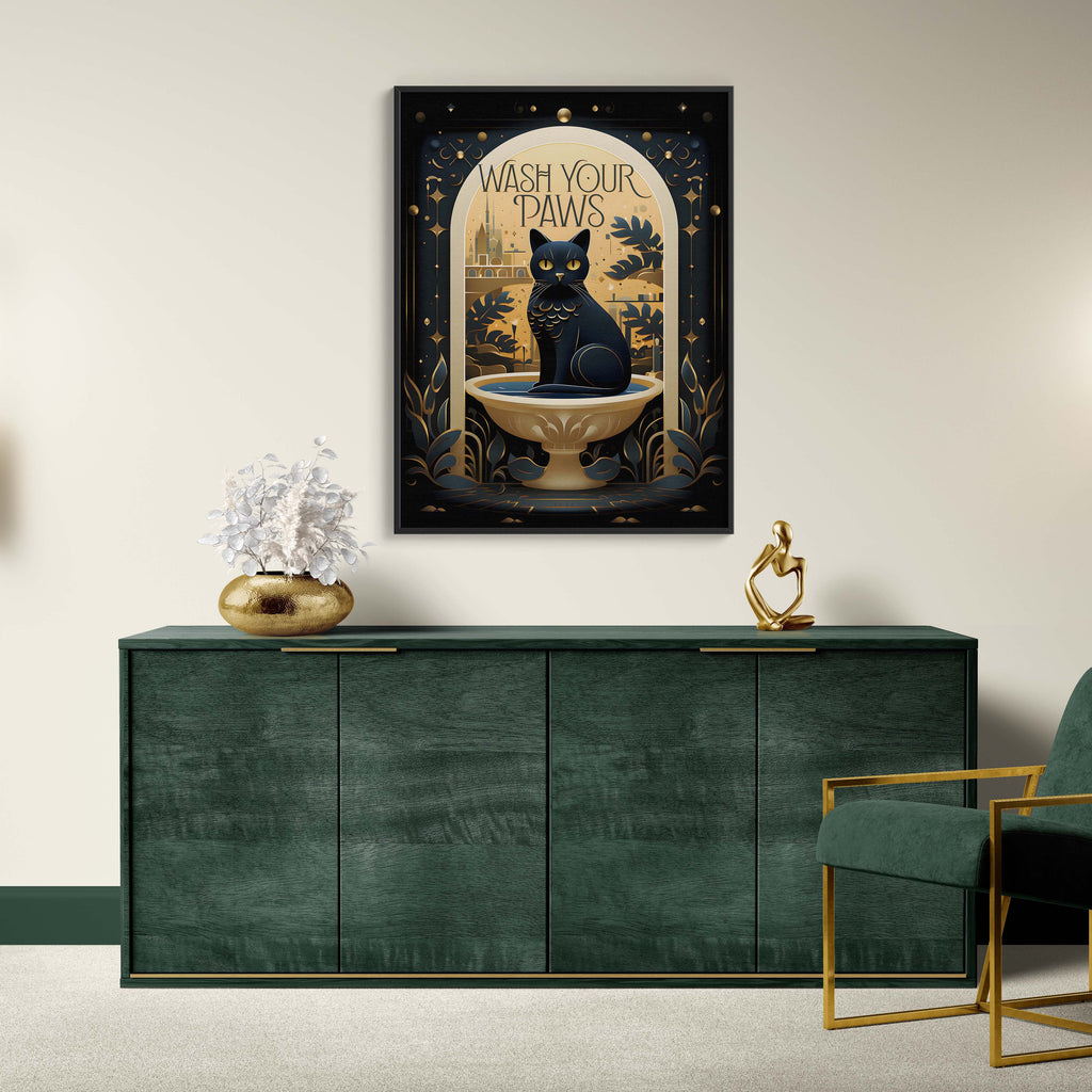Modern interior with a green sideboard, gold chair, and wall art featuring a black cat.