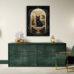 Modern interior with a green sideboard, gold chair, and wall art featuring a black cat.