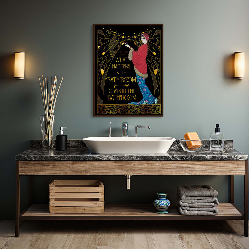Bathroom vanity with marble countertop, wooden shelf, and decorative items against a gray wall.