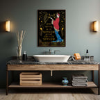 Bathroom vanity with marble countertop, wooden shelf, and decorative items against a gray wall.