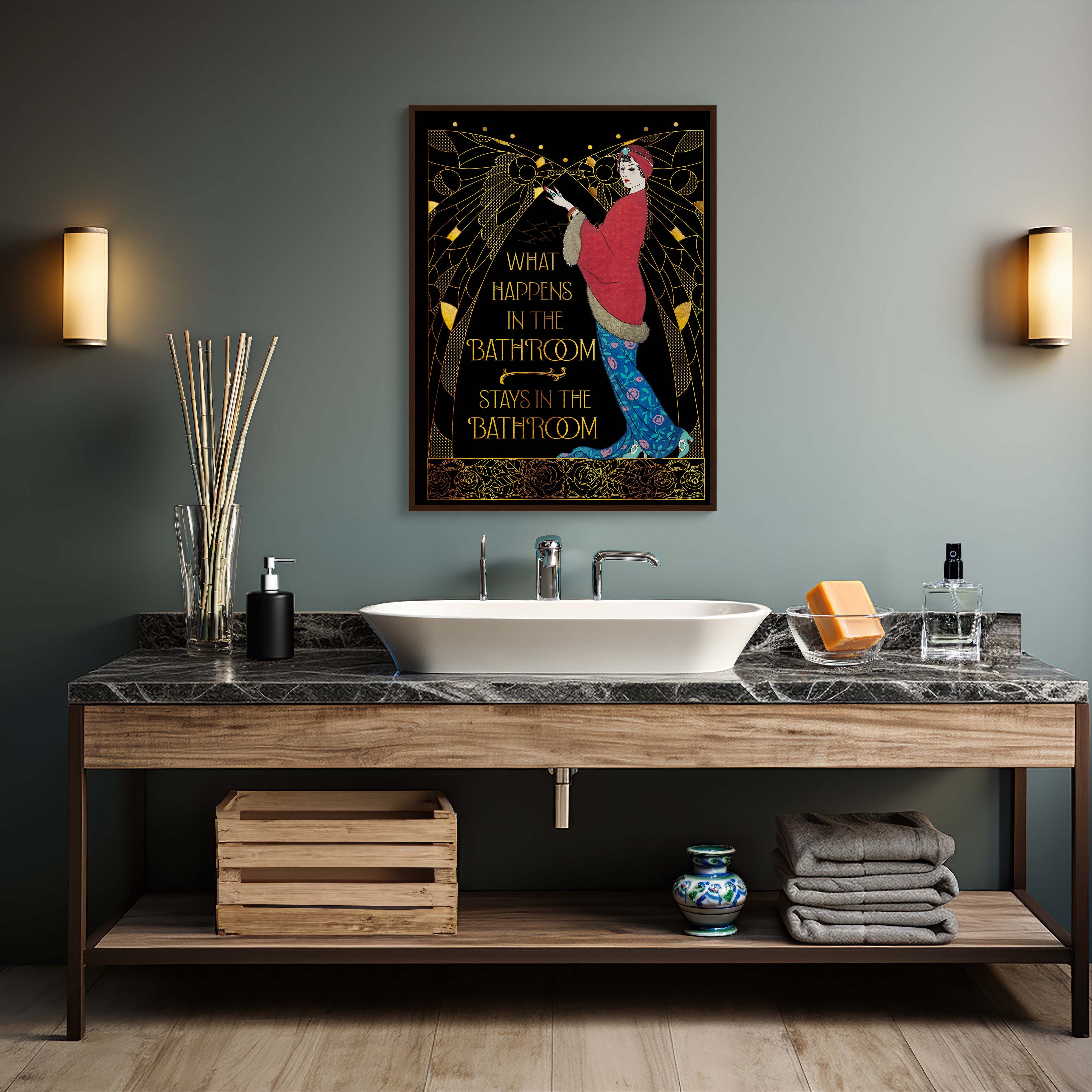 Bathroom vanity with marble countertop, wooden shelf, and decorative items against a gray wall.