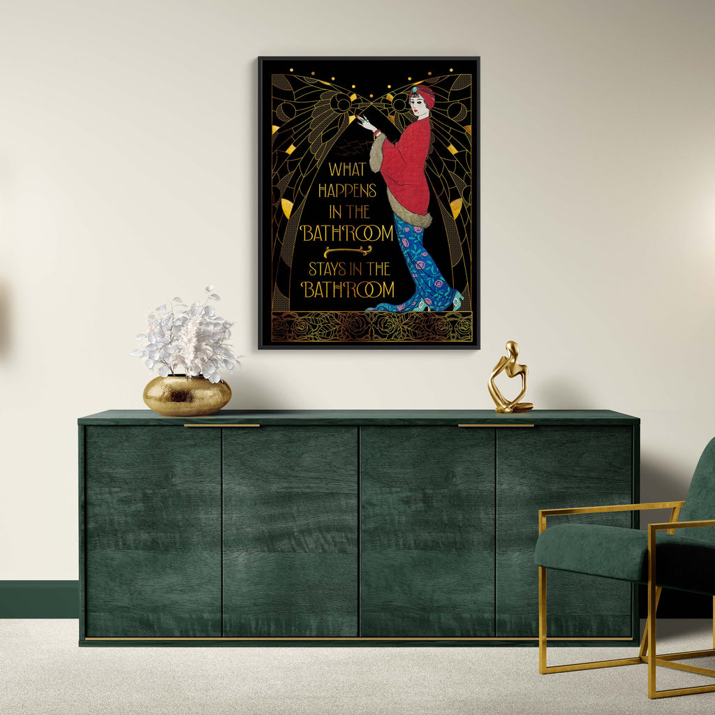 Modern interior with a green sideboard, gold chair, and wall art.