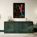 Modern interior with a green sideboard, gold chair, and wall art.