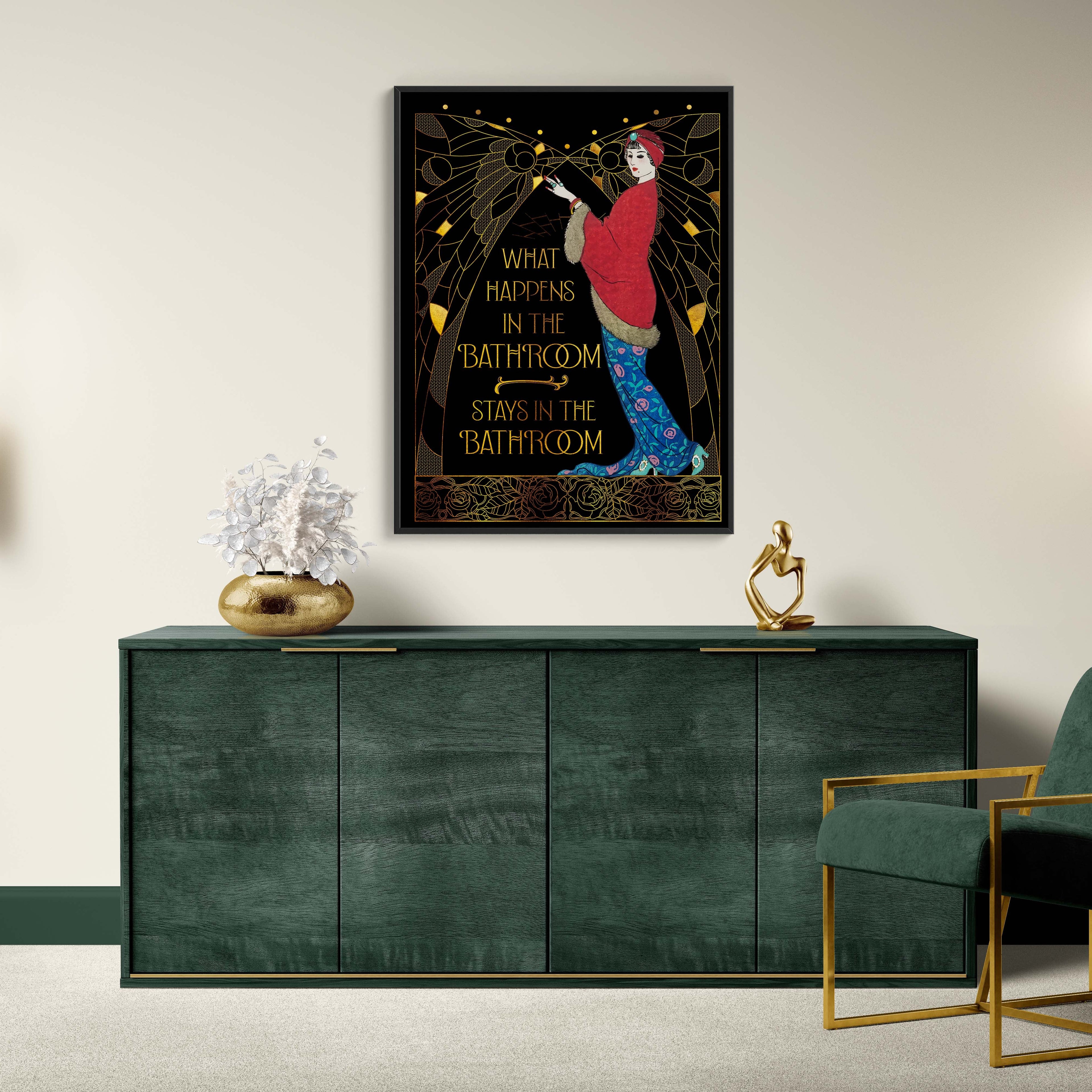 Modern interior with a green sideboard, gold chair, and wall art.