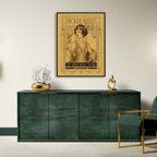 Modern interior with a green sideboard, gold chair, and vintage-style poster on a beige wall.