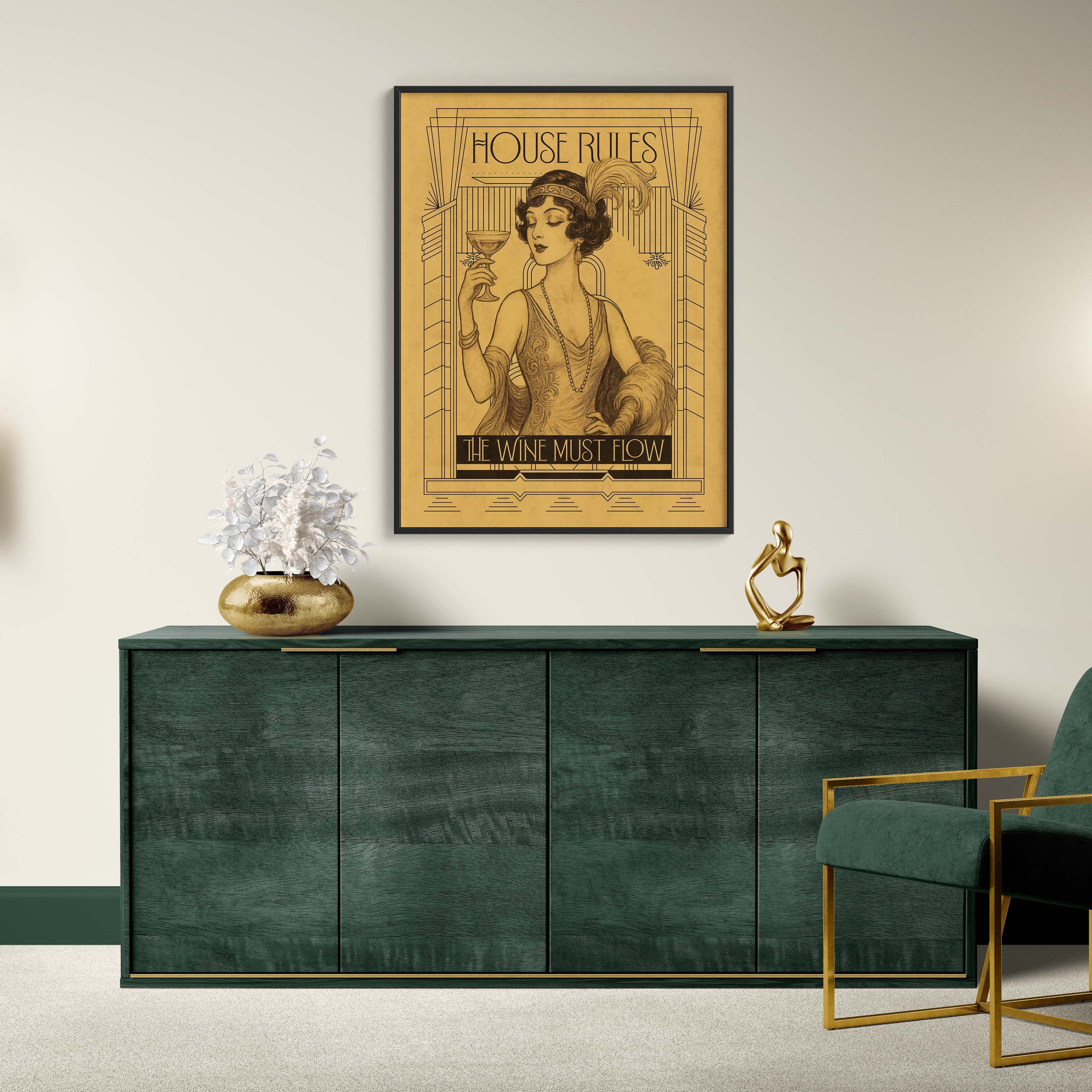 Modern interior with a green sideboard, gold chair, and vintage-style poster on a beige wall.