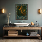 Bathroom with wooden vanity, white sink, and decorative wall art.