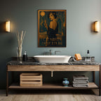 Bathroom with wooden vanity, sink, and decorative wall art.
