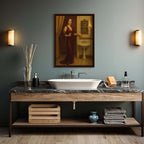 Bathroom vanity with marble countertop, wooden cabinet, and decorative elements.