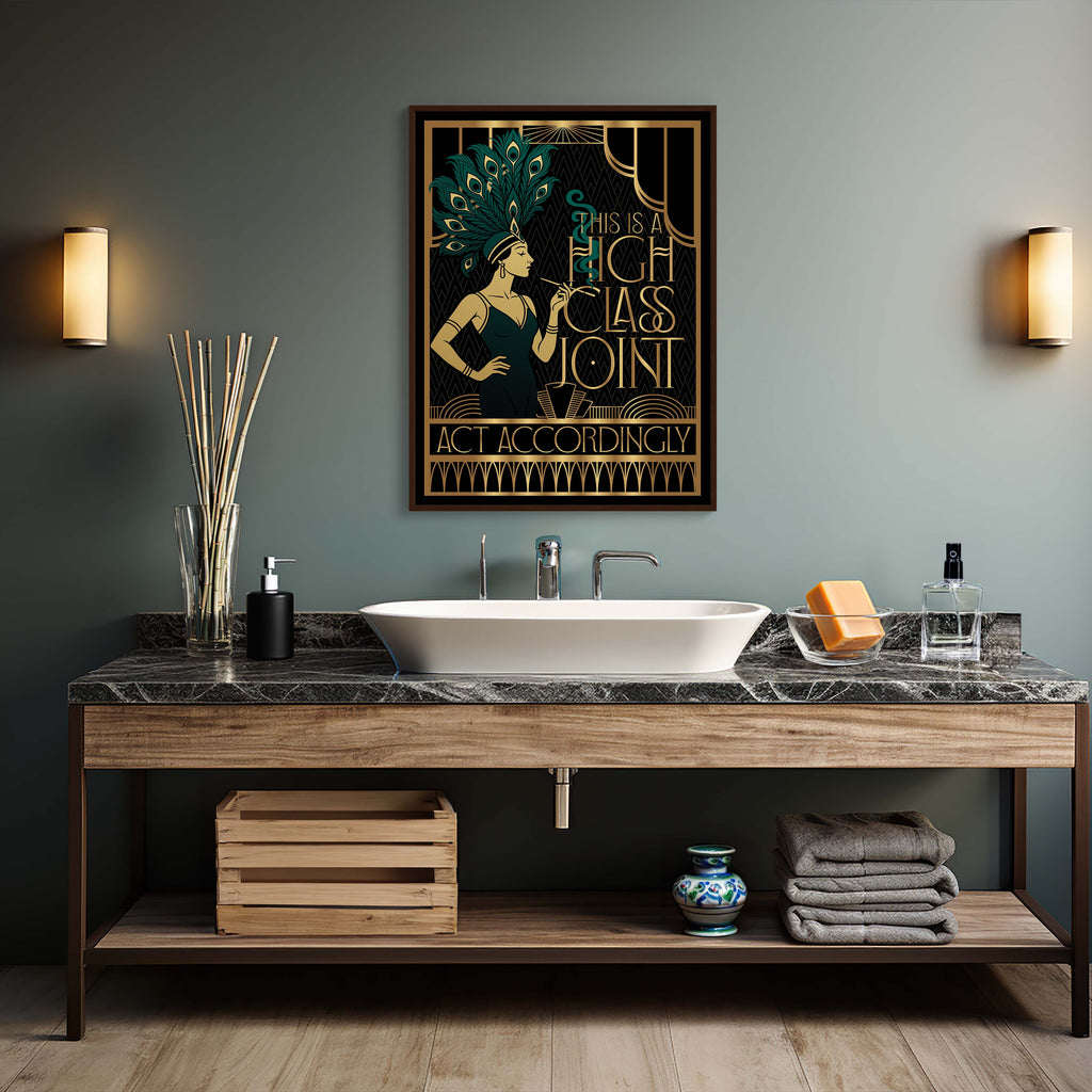 Bathroom with wooden vanity, sink, and decorative poster on gray wall.