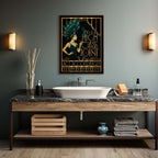 Bathroom with wooden vanity, sink, and decorative poster on gray wall.