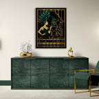 Modern interior with a green sideboard, gold chair, and decorative poster on a white wall.
