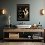 Bathroom with wooden vanity, sink, and decorative wall art.