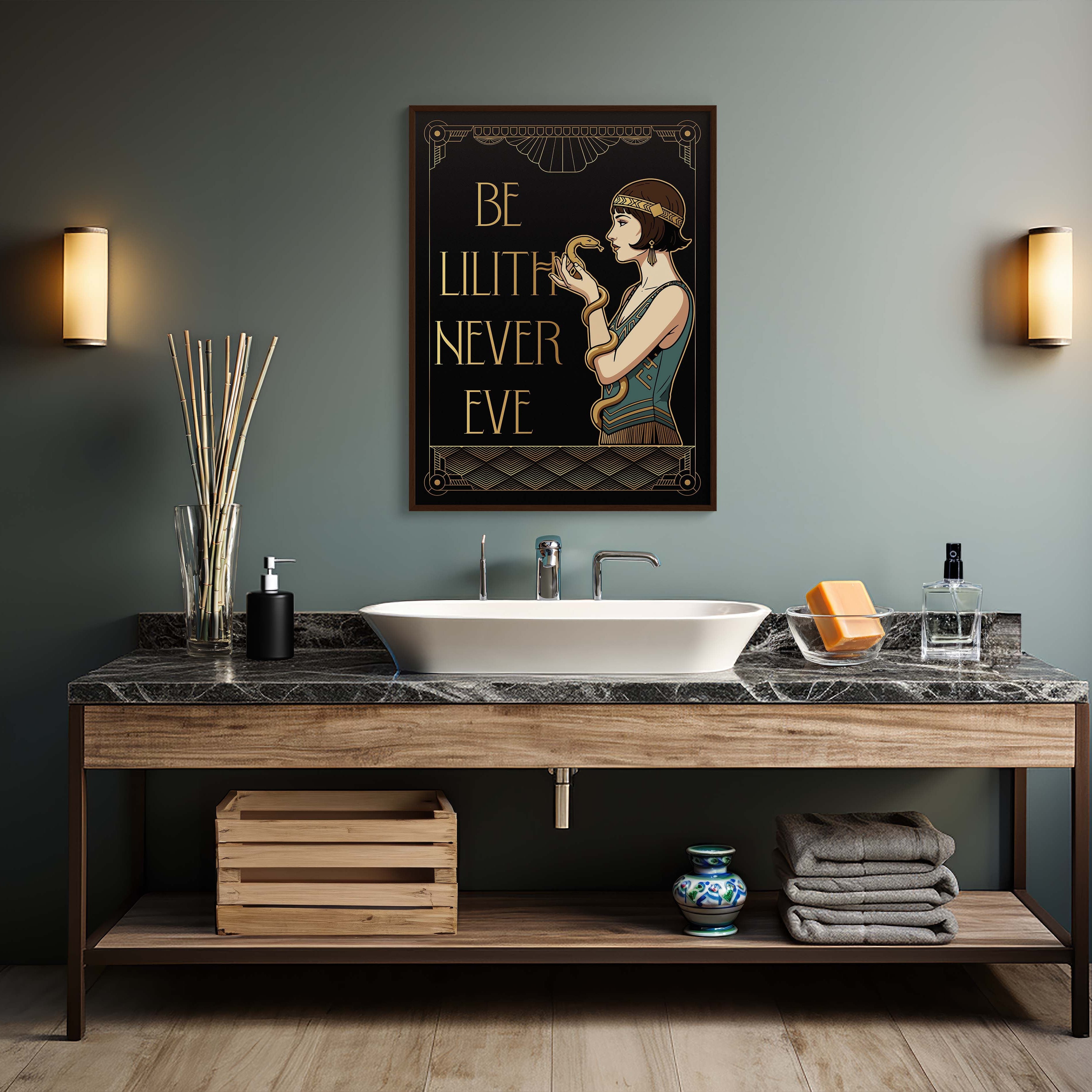 Bathroom with wooden vanity, sink, and decorative wall art.
