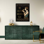 Modern interior with a green sideboard, gold chair, and framed artwork on a white wall.