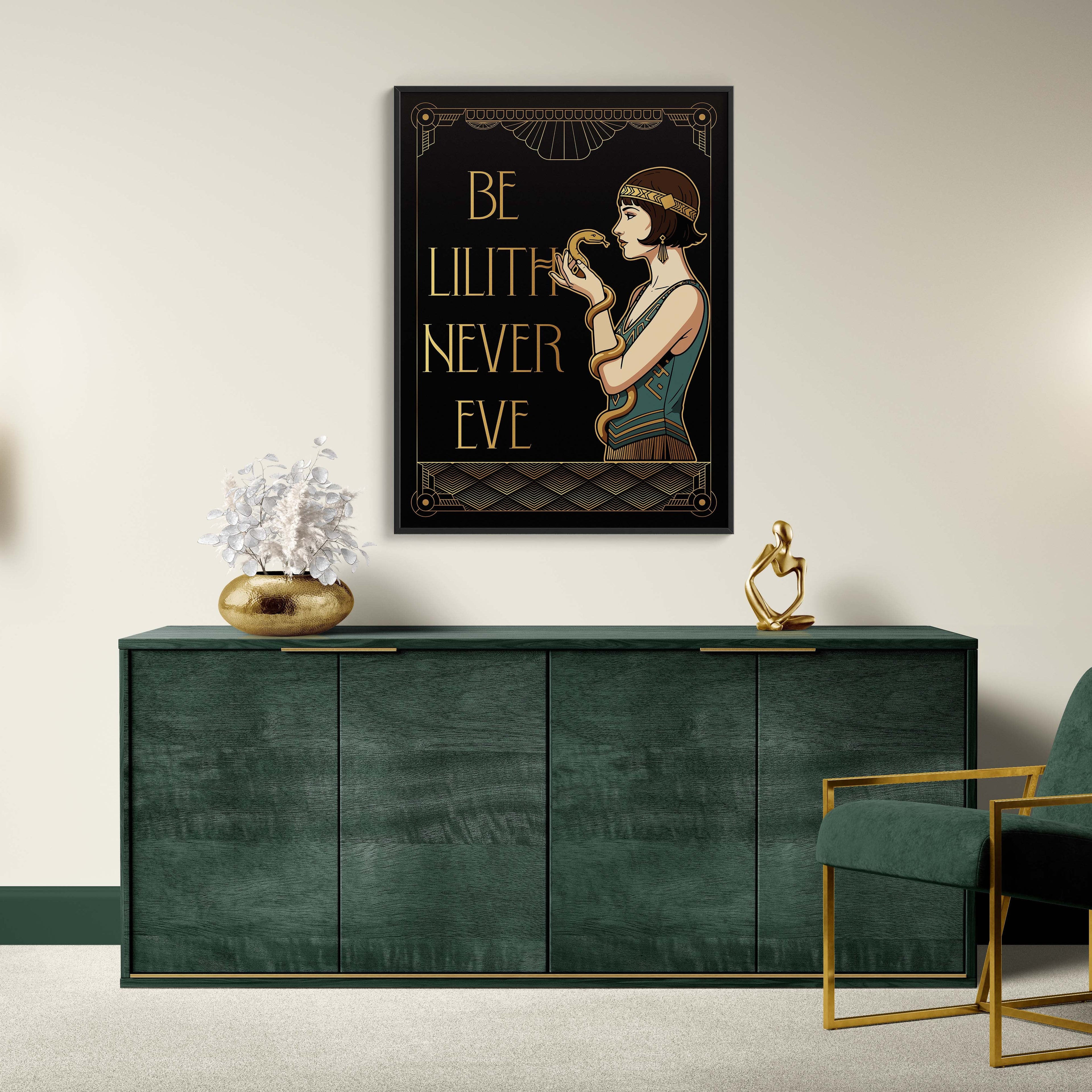 Modern interior with a green sideboard, gold chair, and framed artwork on a white wall.