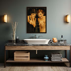 Bathroom with wooden vanity, white sink, and decorative wall art.