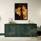 Modern interior with a green sideboard, gold chair, and wall art.