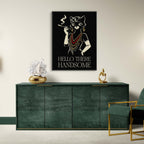 Modern interior with a green sideboard, gold chair, and wall art featuring a cat smoking a cigarette.