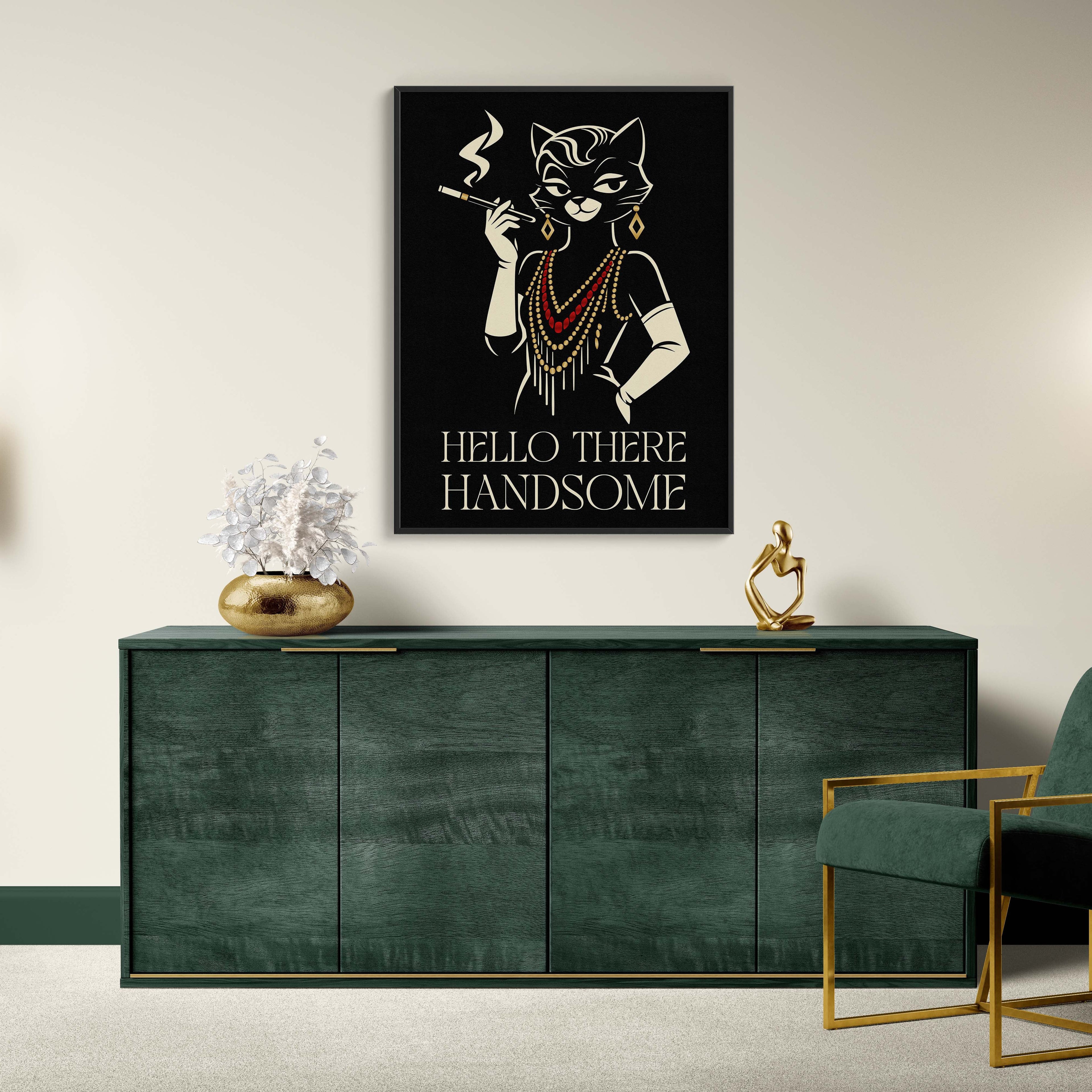 Modern interior with a green sideboard, gold chair, and wall art featuring a cat smoking a cigarette.