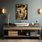 Bathroom with wooden vanity, marble sink, and wall art of a nude figure.