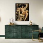 Modern interior with a green sideboard, gold chair, and wall art of a nude figure.