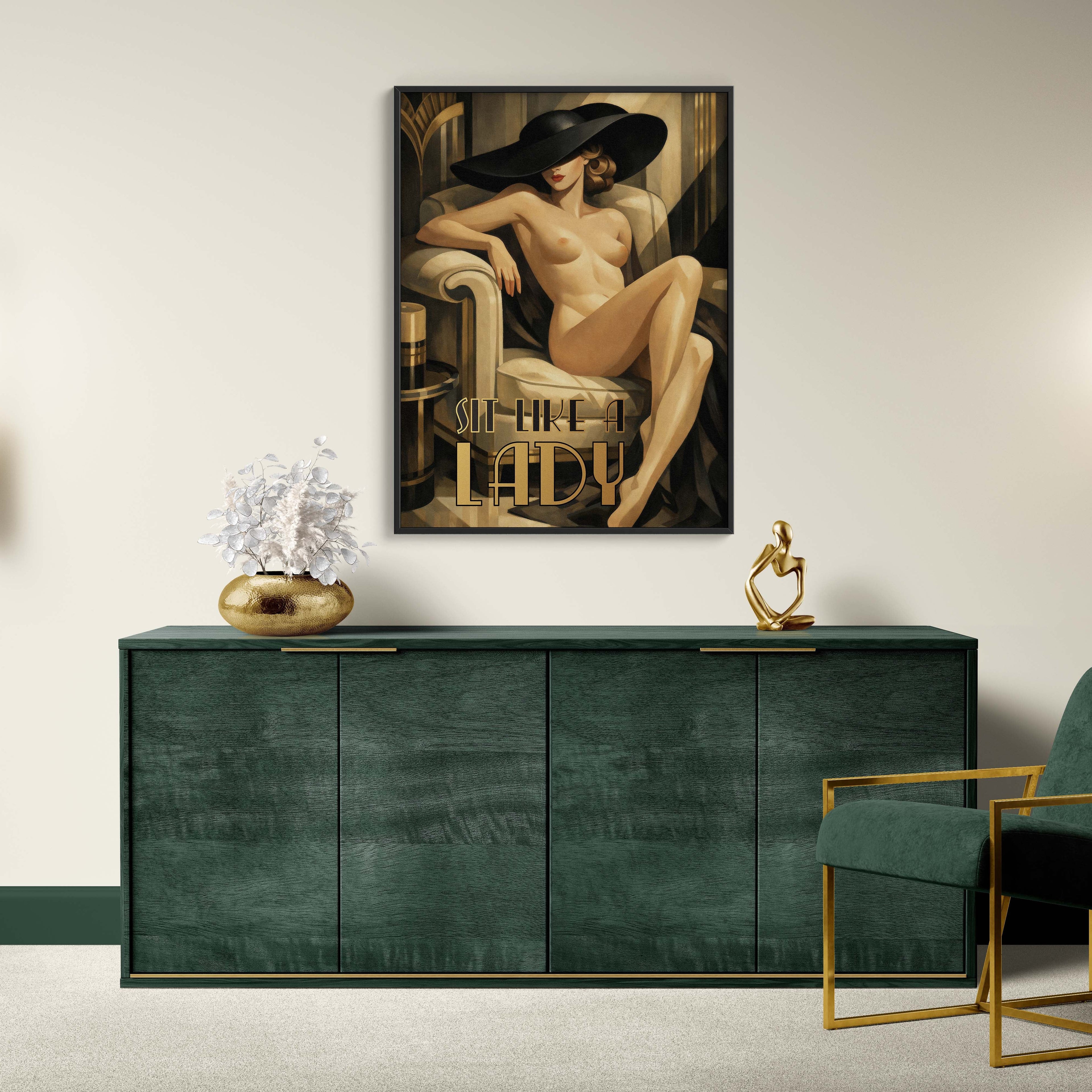 Modern interior with a green sideboard, gold chair, and wall art of a nude figure.