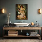 Bathroom with wooden vanity, marble countertop, and decorative elements.