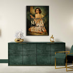 Modern interior with a green console table, gold chair, and wall art.
