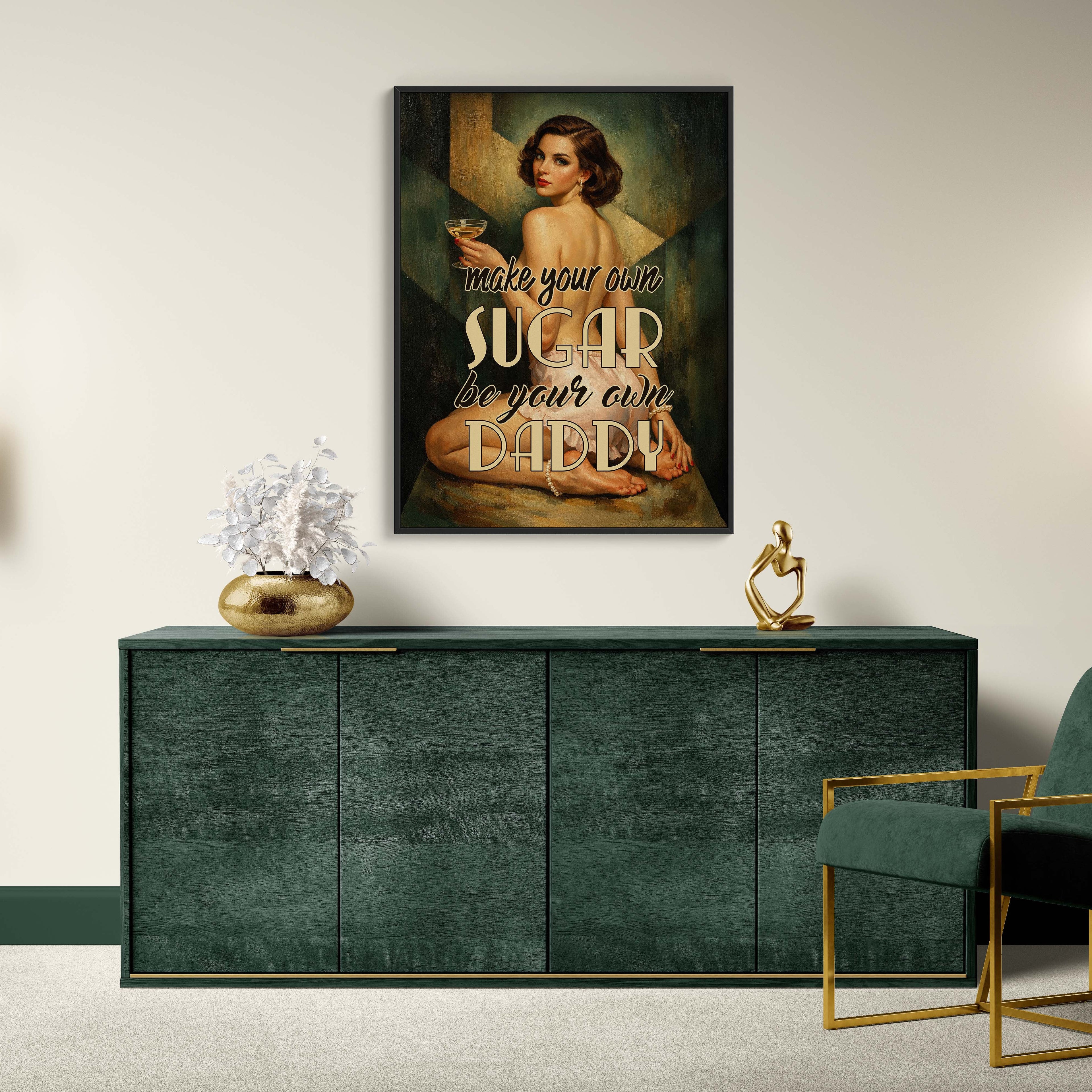 Modern interior with a green console table, gold chair, and wall art.