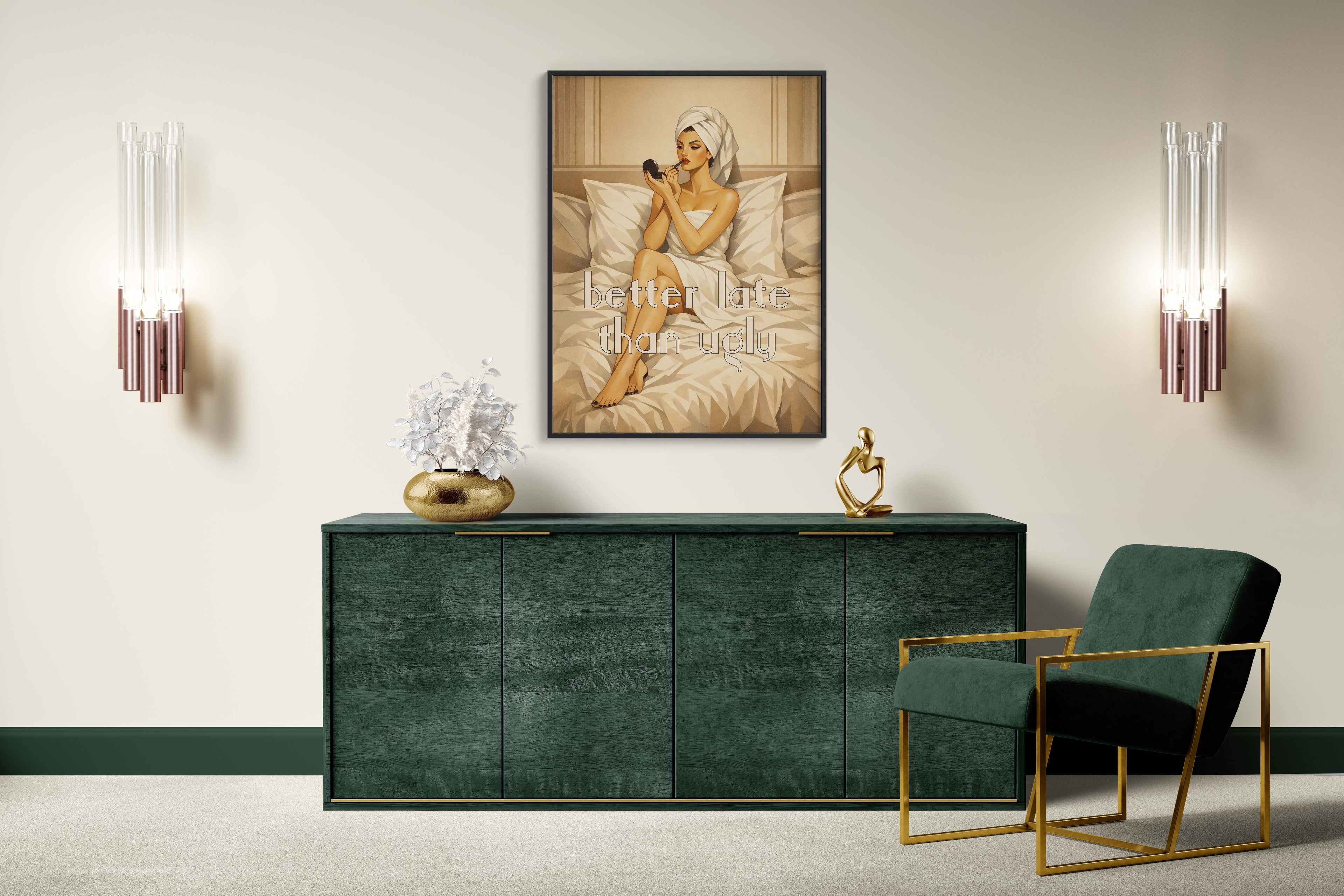 Modern interior with a green sideboard, gold chair, and wall art.