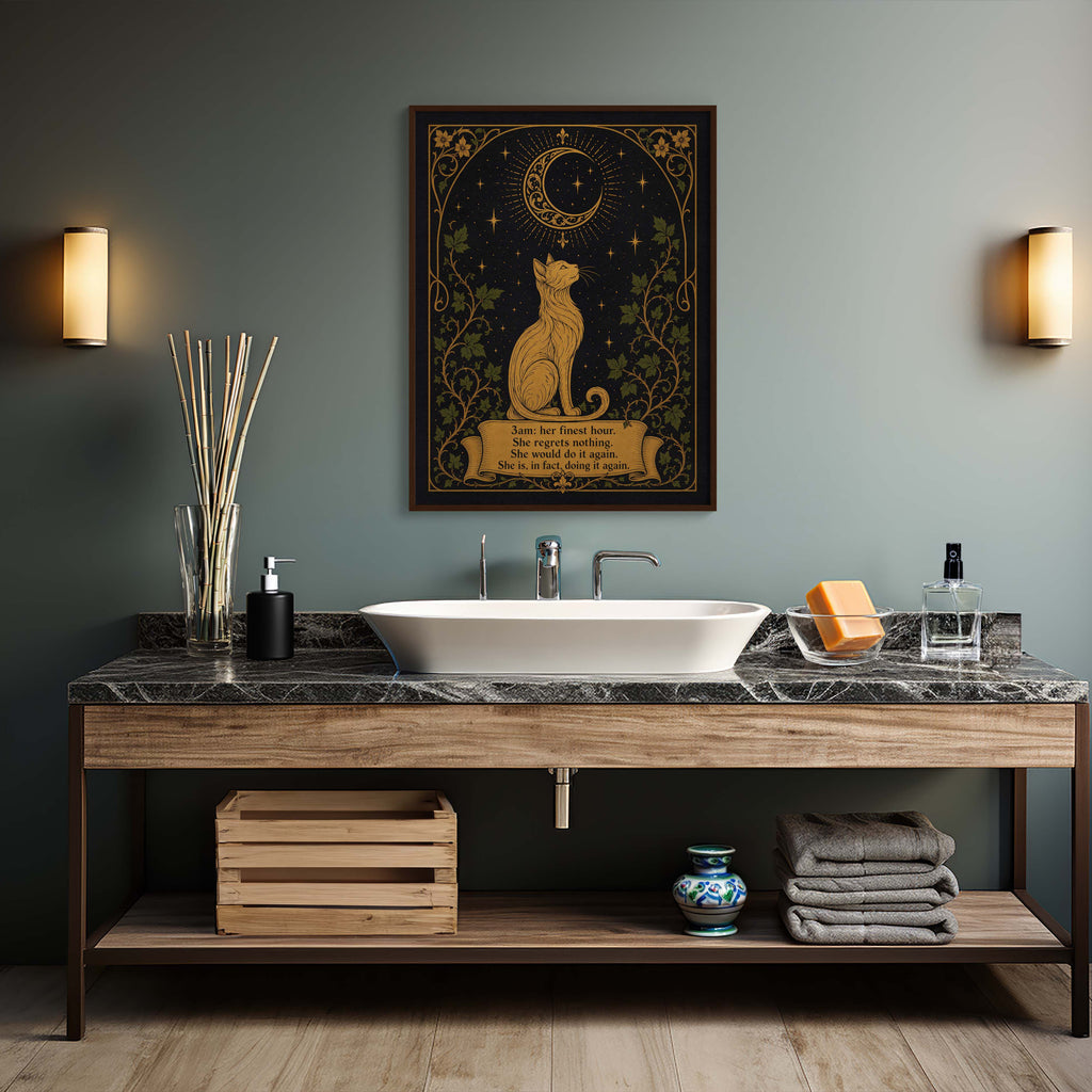 Bathroom vanity with marble countertop, sink, and decorative elements against a gray wall.