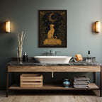 Bathroom vanity with marble countertop, sink, and decorative elements against a gray wall.