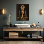 Bathroom vanity with marble countertop, sink, and decorative elements against a gray wall.
