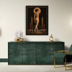 Modern interior with a green sideboard, gold chair, and wall art in a stylish room.