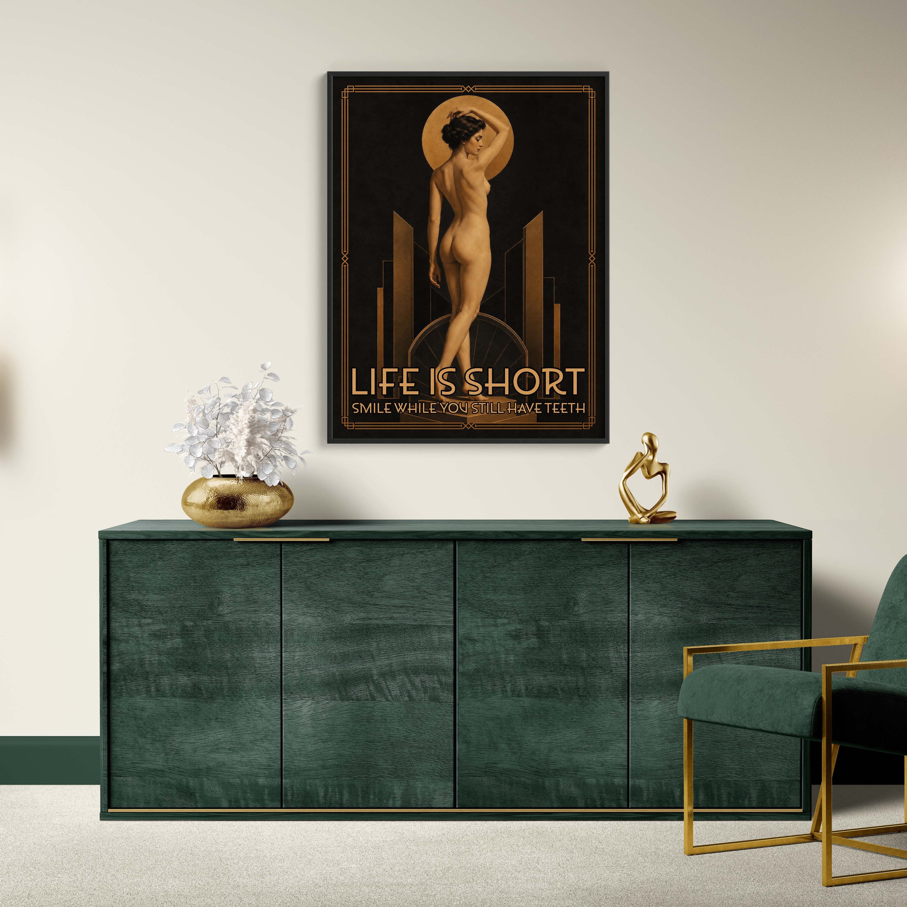 Modern interior with a green sideboard, gold chair, and wall art in a stylish room.
