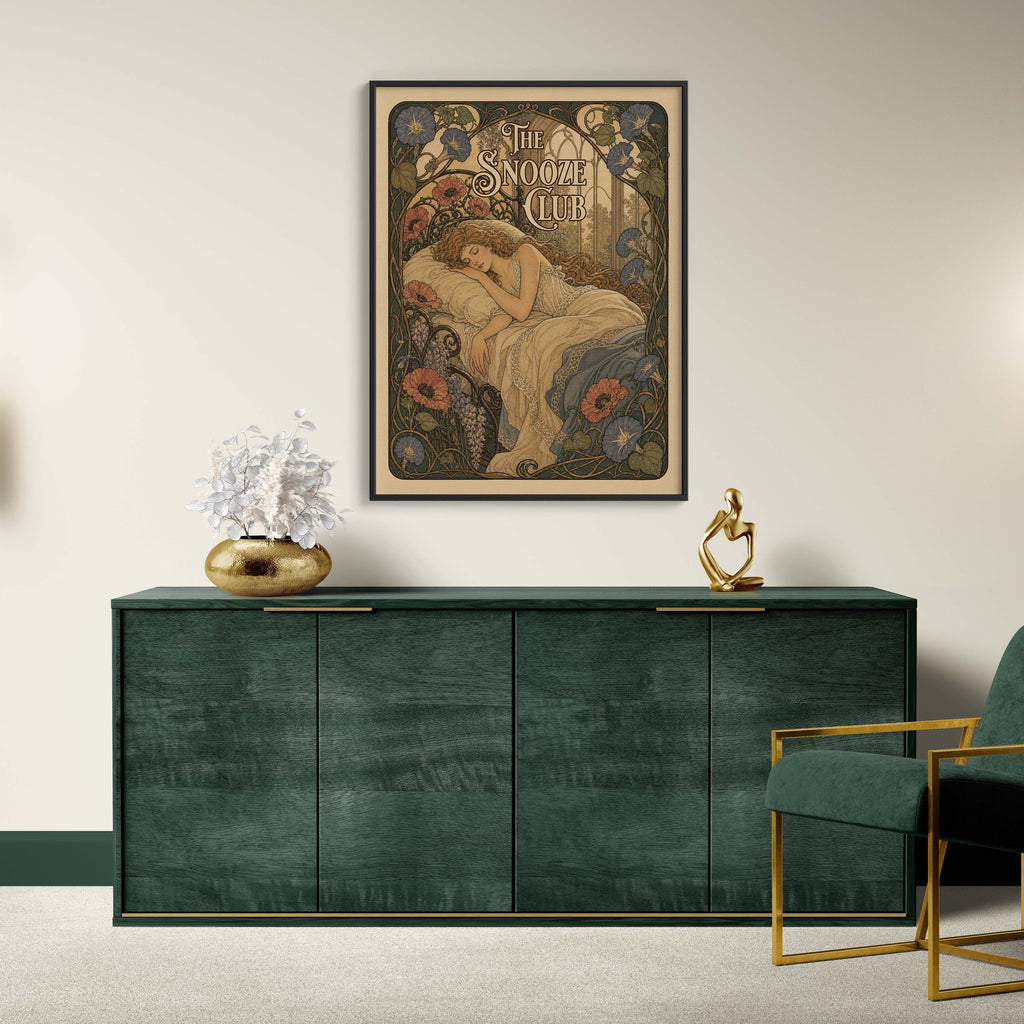 Modern interior with a green sideboard, gold chair, and wall art in a stylish room.