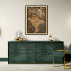 Modern interior with a green sideboard, gold chair, and wall art in a stylish room.