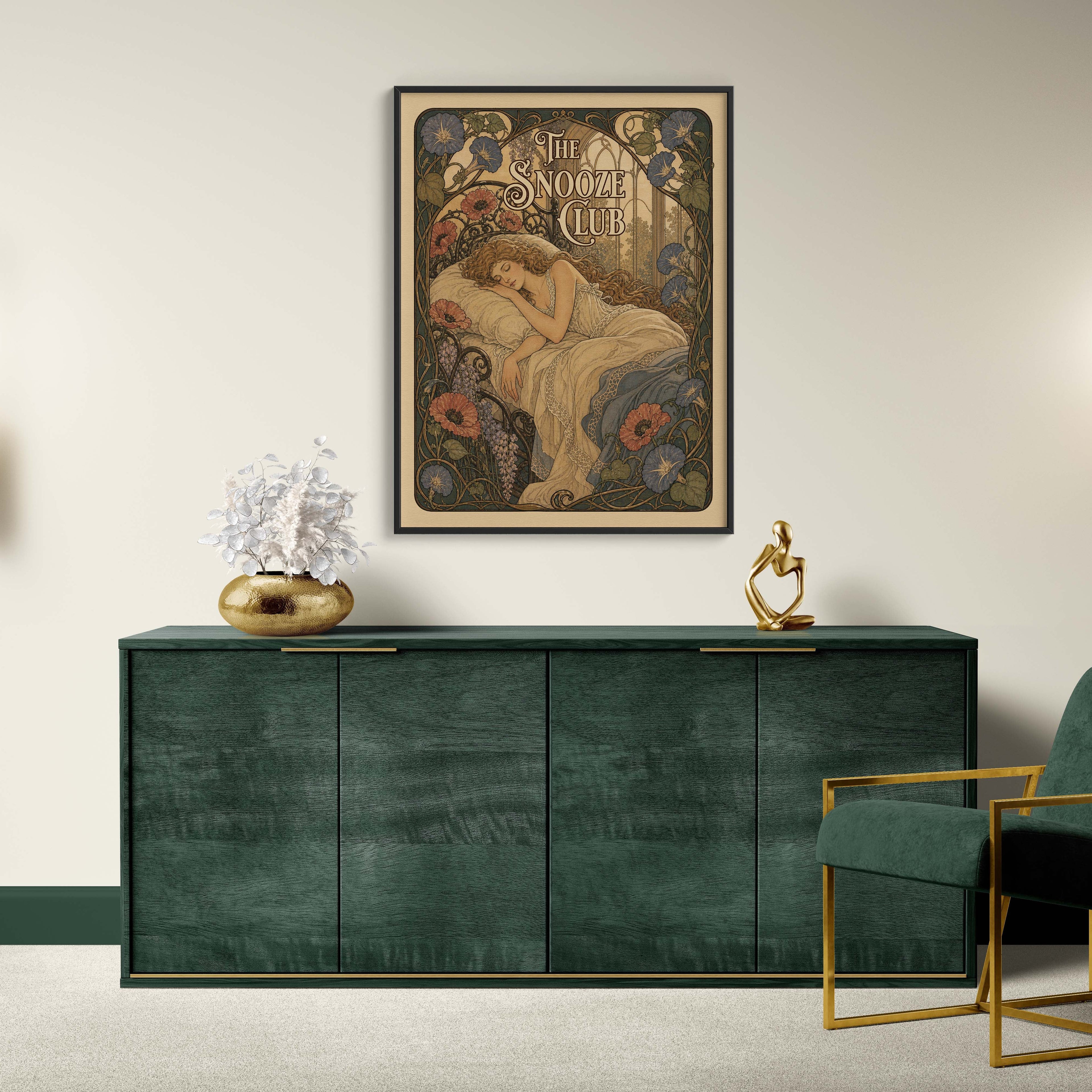 Modern interior with a green sideboard, gold chair, and wall art in a stylish room.
