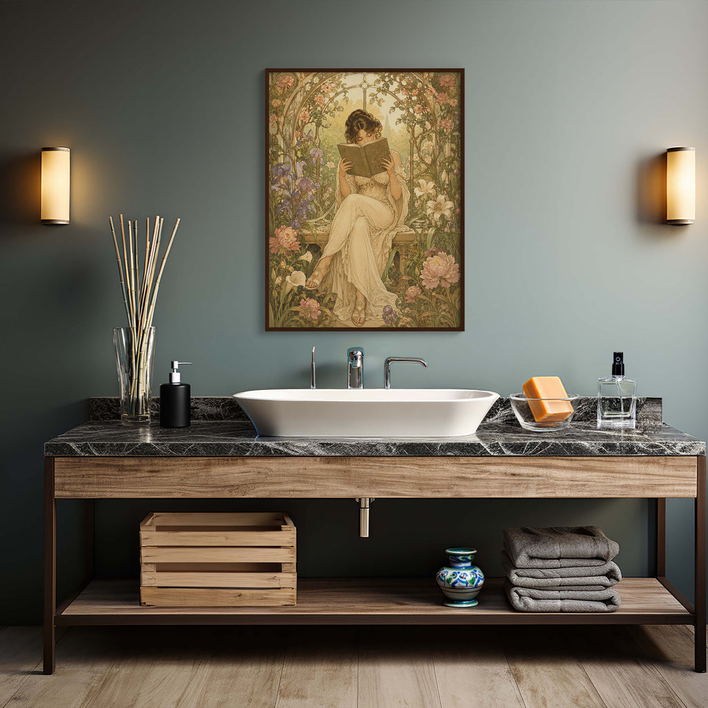 Bathroom with wooden vanity, marble countertop, and wall art