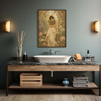 Bathroom with wooden vanity, marble countertop, and wall art