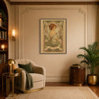 Living room with a vintage-style poster on the wall, a beige armchair, and decorative elements.