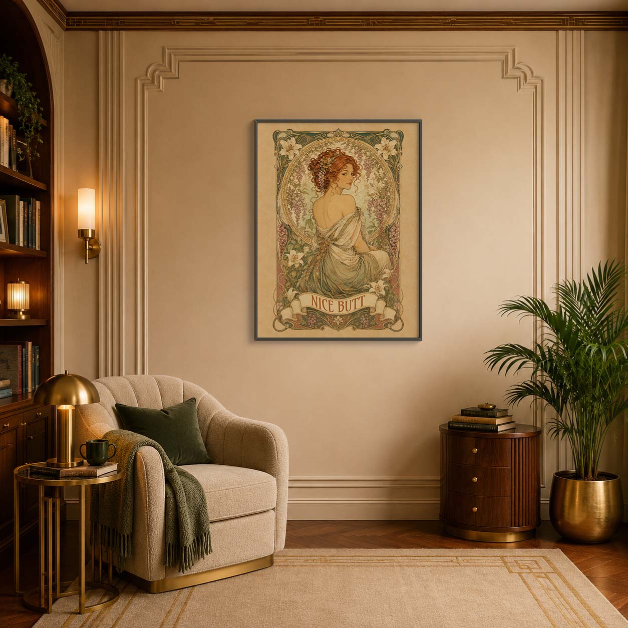 Living room with a vintage-style poster on the wall, a beige armchair, and decorative elements.