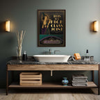 Bathroom with wooden vanity, sink, and decorative poster on gray wall