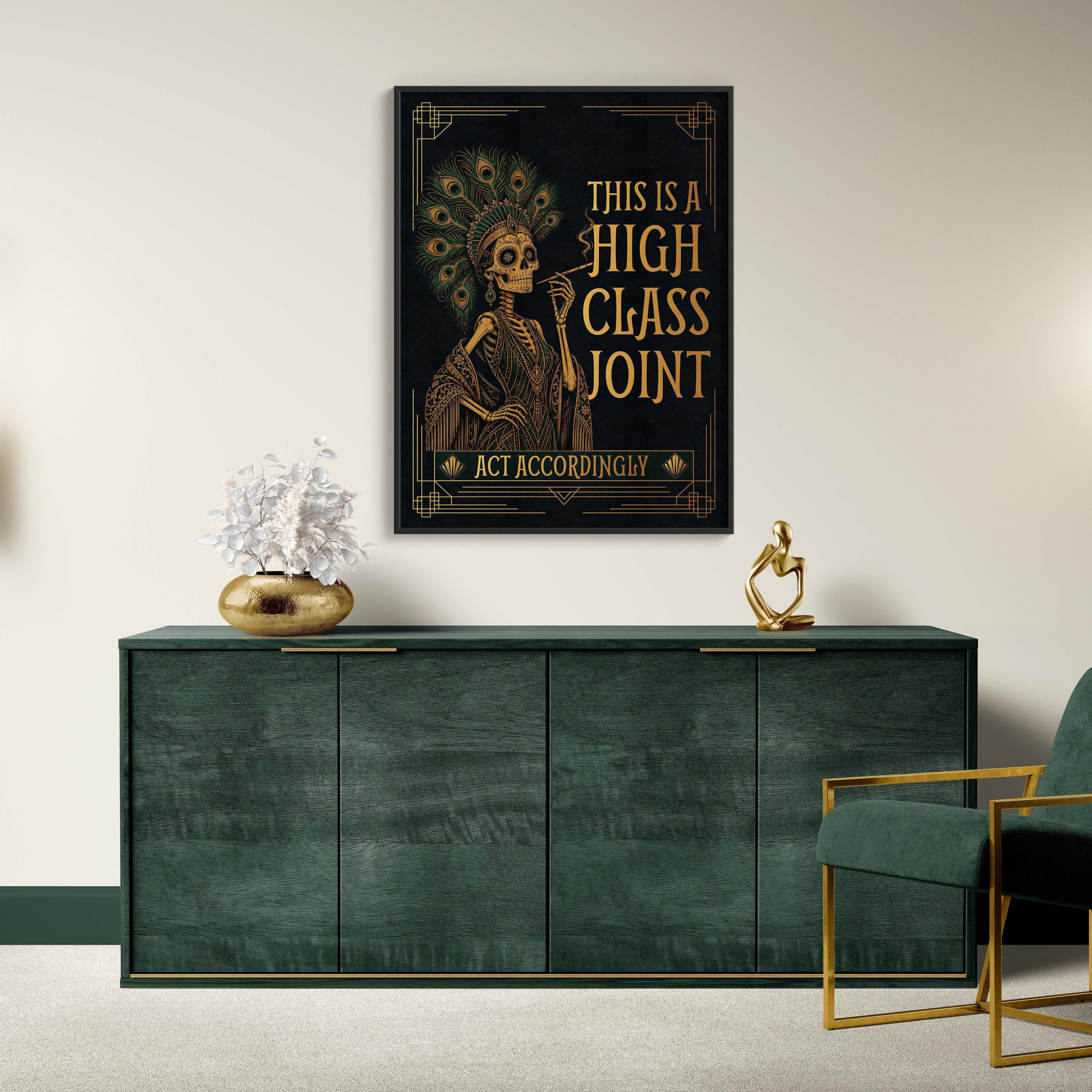 Modern interior with a green sideboard, gold chair, and wall art.